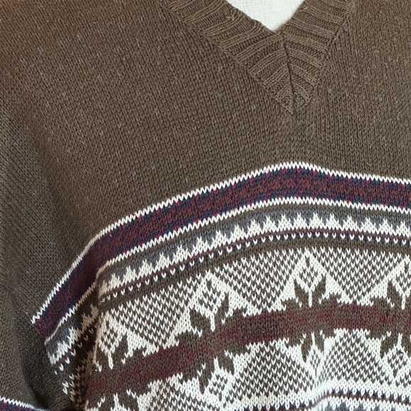 Country Seat Olive Green Fall Autumn Patterned V-Neck Cotton Blended Sweater A16 - Picture 4 of 9